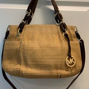 Michael Kors Hobo Shoulder Purse Bag in Raffia Straw with Leather Trim